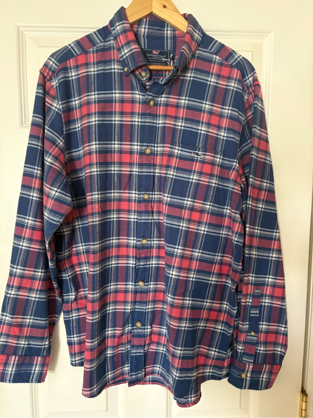Vineyard Vines Navy and Coral Brushed Cotton Plaid Button-Down Shirt